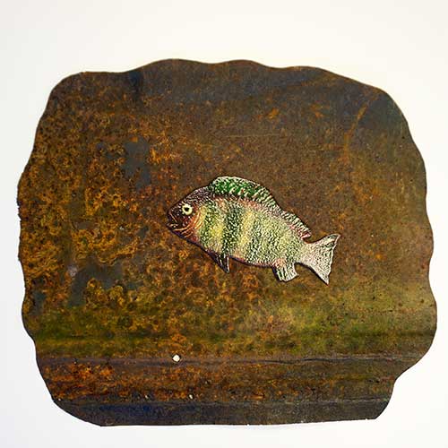 Denny Maloney Enamel Fish on Fire Tin 14x12 DM367